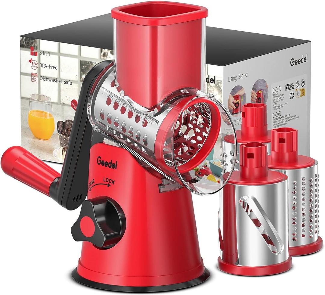 Geedel Rotary Cheese Grater, Kitchen Mandoline Vegetable Slicer with 3 Interchangeable Blades, Easy to Clean Grater for Fruit, Vegetables, Nuts (Red)