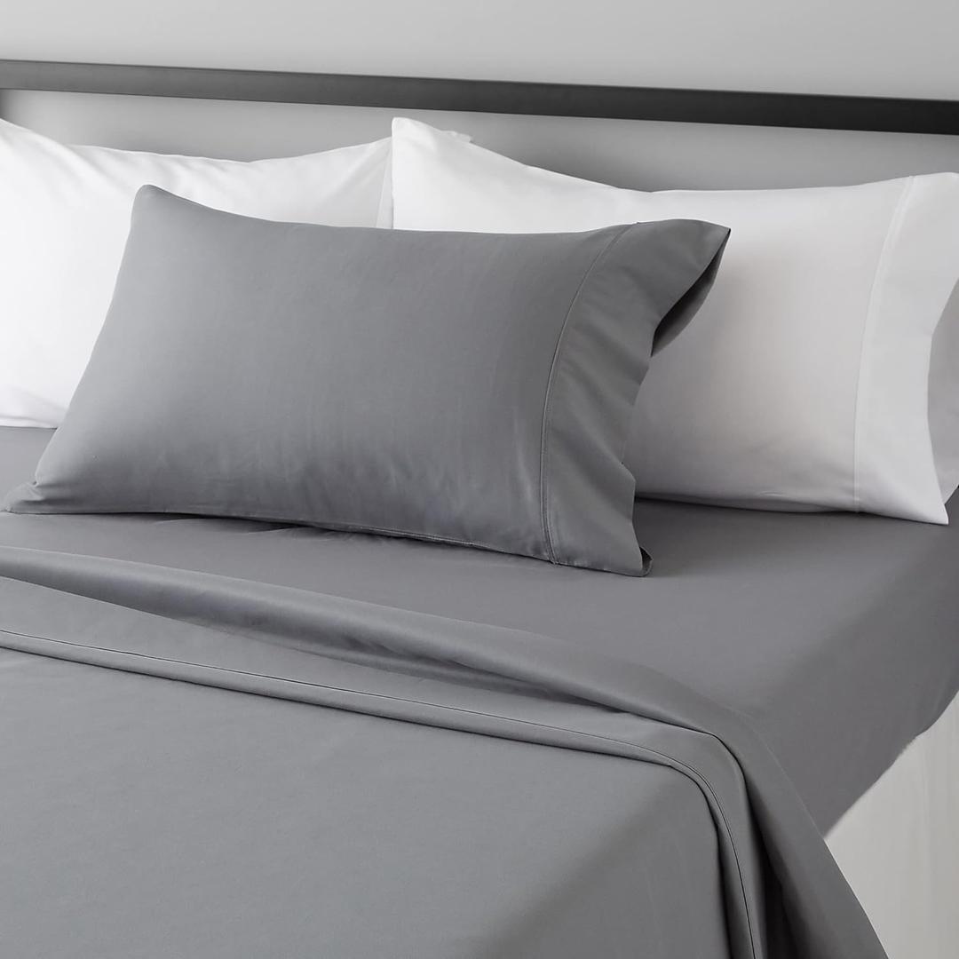 Amazon Basics Lightweight Breathable Brushed Microfiber 3-Piece Bed Sheet Set With 14-Inch Deep Pockets, Wrinkle Resistant, Twin XL, Dark Gray, Solid