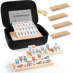 Mexican Train Dominoes Set with Numbers and 8 Wooden Trays/Racks, Double 15 Dominos Travel Set with 8 Tiles Holders, 136 Tiles Double 15 Colored Dominoes Game Set with Zippered Case for Family Kids