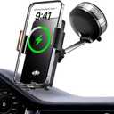 Car Phone Holder Charger, 15W Wireless Car Charger with Auto Clamp & Smart Sensor, Rotating Vacuum Suction Cup Dashboard/Windshield Phone Mount, 360 Adjustable Car Mount for iPhone, Samsung, Black