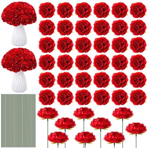 Thiccywoov 200 Pcs Flowers Long Stem Artificial Rose Bulk, 3.2 Inches Silk Rose Head Flowers Faux for Wedding Bridal Bouquet Independence Day Home Floral DIY Centerpieces Party Decoration(Red)