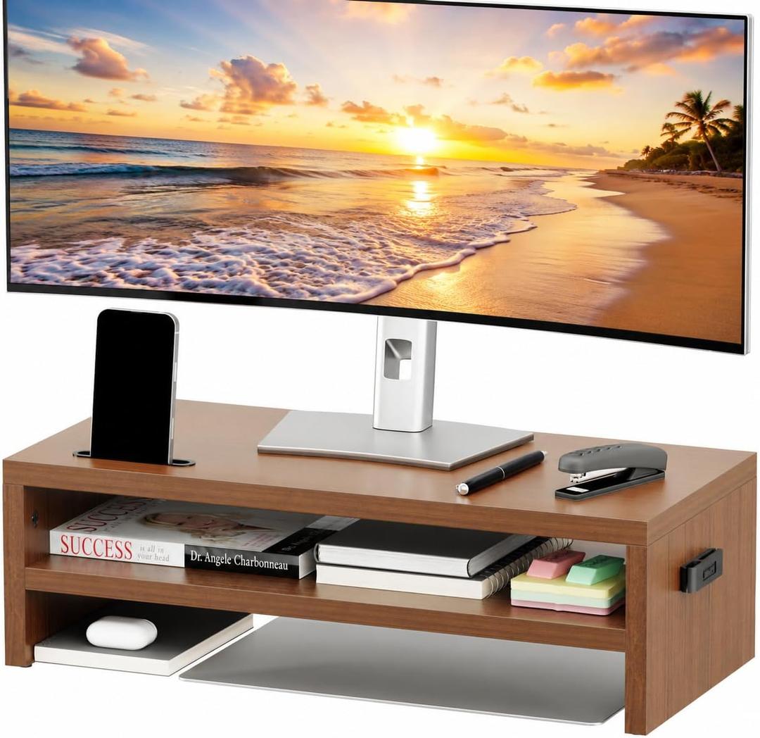 BONTEC Walnut Monitor Stand Riser, 21.3 Inch 2-Tier Wood Desk Shelf for Monitor & Laptop, Desktop Organizer with Cable Management and Phone Holder, Ergonomic Computer Riser, 66 lbs Capacity