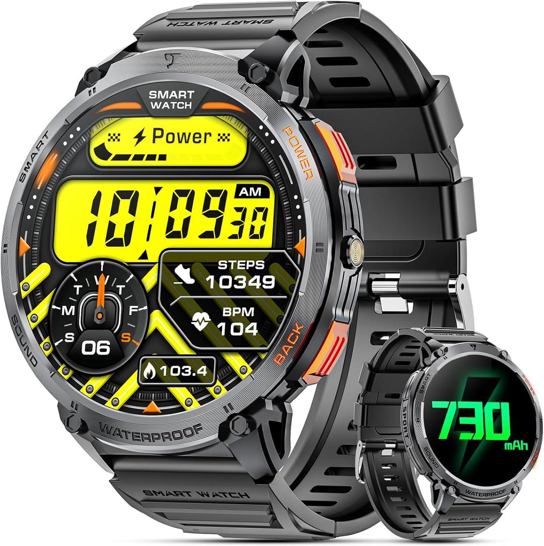 Military Smart Watches for Men, 1.85" HD Large Screen Smart Watch, Flashlight/730mAh/110+ Sports Modes Fitness Tracker Watch, Waterproof Mens Smart Watch for Android Phones iPhone Compatible