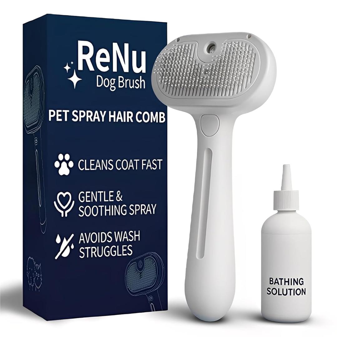 3 In 1 Self Cleaning Pet Spray Hair Removal Comb, Fresh Fur Shower Brush, Pet Steamy Shower Brush + Bathing Solution, Removes Loose Hair, Anti-Static (White)