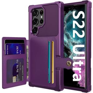 Wallet Case for Samsung Galaxy S22 Ultra, Compatible with Magnetic Car Mount, Heavy Duty Shockproof Rugged Soft TPU Back Leather Flip Credit Card Holder Cover 6.8 inch, Purple