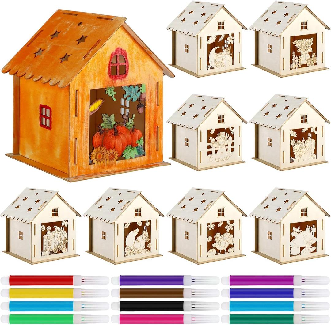 Soaoo 9 Sets Thanksgiving Wooden House with 12 Pcs Watercolor Pens Fall Wooden Houses for Crafts Kids' Wood Craft Kits for Thanksgiving Party Supplies DIY Paint Art