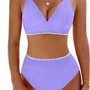BMJL Women's Bikini Sets V Neck High Waisted Swimsuits Shell Stitched Cheeky Two Piece Bathing Suit, Medium, Purple