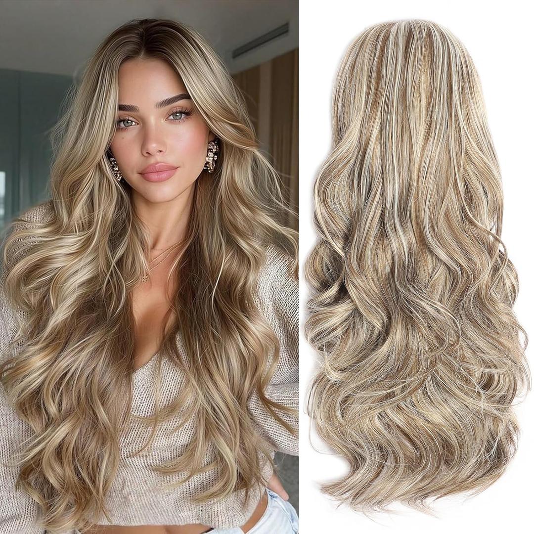 Half Wig Long Wavy highlights Wig 3/4 Full Head 24 Inches Curly Half Wigs Clips in on Synthetic Hair Extensions Hairpieces for Women Quick Weave Self Styled in 60 Seconds Half Wigs