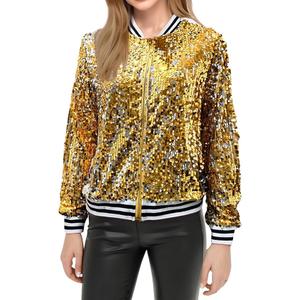 women's glitter baseball jacket zipper long sleeve sequin blazer elegant short jacket short jacket rave jacket outdoor bomber jacket, M