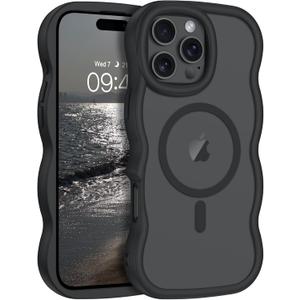2 x YINLAI Case for iPhone 16 Pro Max 6.9-Inch, Magnetic Compatible with Magsafe Cute Curly Wave Frame Slim Translucent Matte Support Wireless Charging Women Girls Shockproof Protective Phone Cover,Black