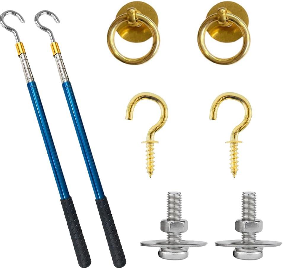 VOVCIG 2 PCS Ladder Pull Down System Kit, Attic Pull Down Hook, Telescopic Extension Pole, Extension Length 15-60 Inches (Bright copper)