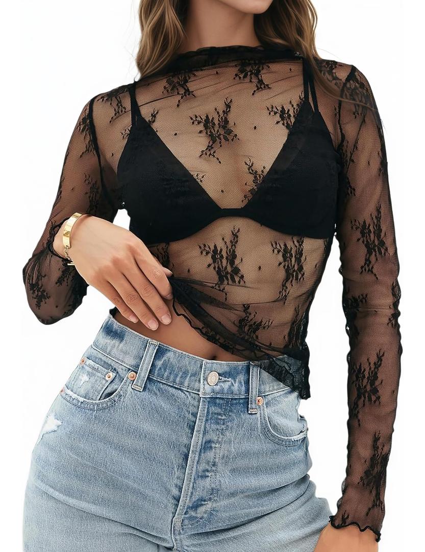 Gleeneat Womens Mesh Tops Lace Long Sleeve Shirts Mock Neck Slim Fitted Date Outfits See Through Sheer Blouses Layering Top