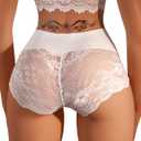 Hibluco Sexy Lace Women Briefs No Show Short High Waist Underwear Full Coverage Panties (Small, White 684)