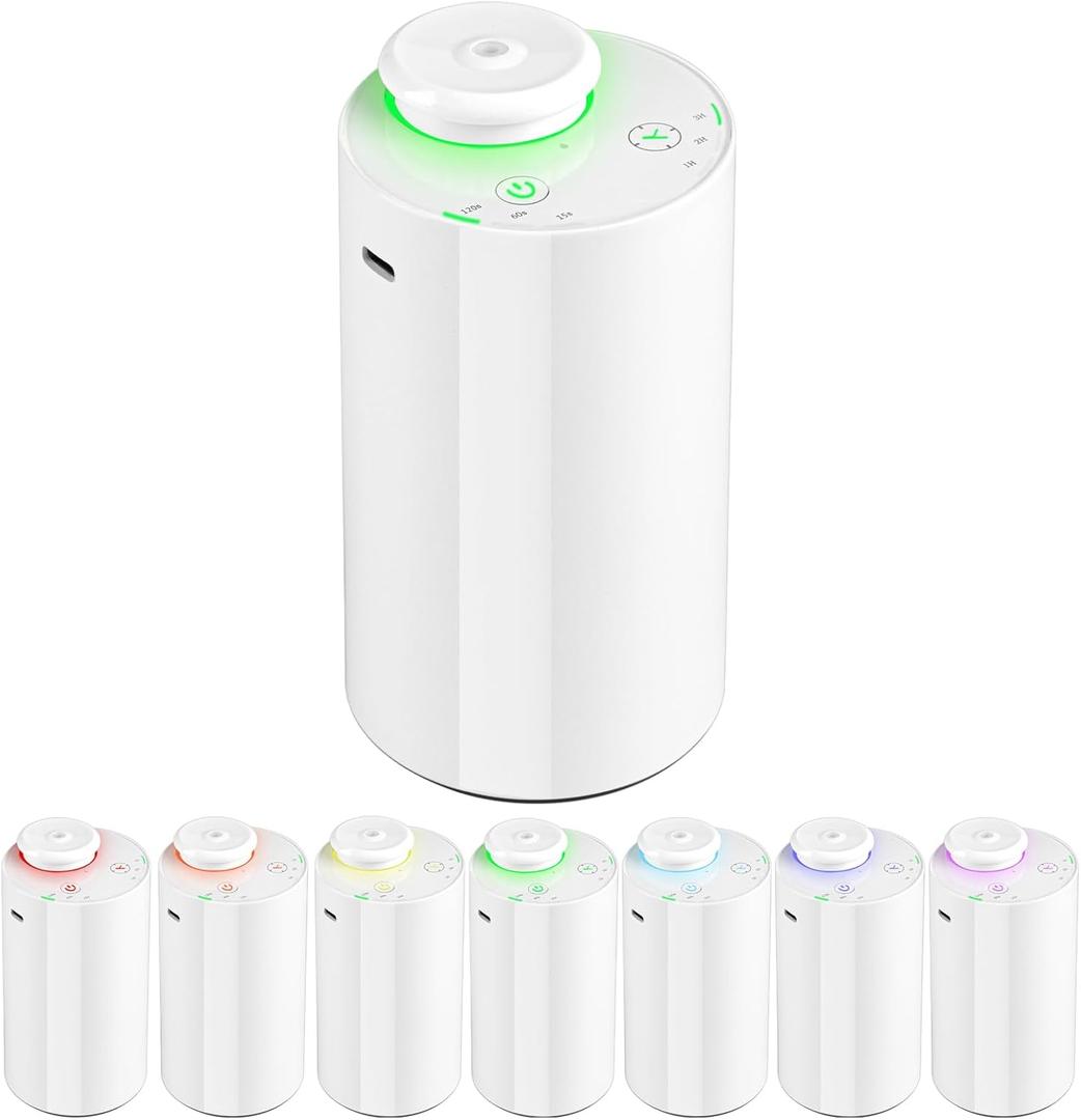 Waterless Essential Oil Diffuser, 7 Colors LED Light, Battery Powered Mini Scent Air Machine, Aromatherapy Mist Diffuser for Home Room Car Office (White)