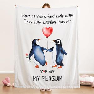 Janzaa MY PENGUIN Love Blanket - Beige Throw Wedding Anniversary Blanket for Men Women Boyfriend Couple - Romantic I Love You Gifts for Him/Her Birthday, Wedding, Valentines, Mothers Day 50'' x 60''