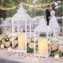 HAVITI 2 Pack Lanterns Decorative Indoor, White Farmhouse Outdoor Lantern for Porch, 17'' 12'' Floor Lantern Decor (no Glass) with 2PCS LED Flameless Candles for Wedding Home Table Front Door
