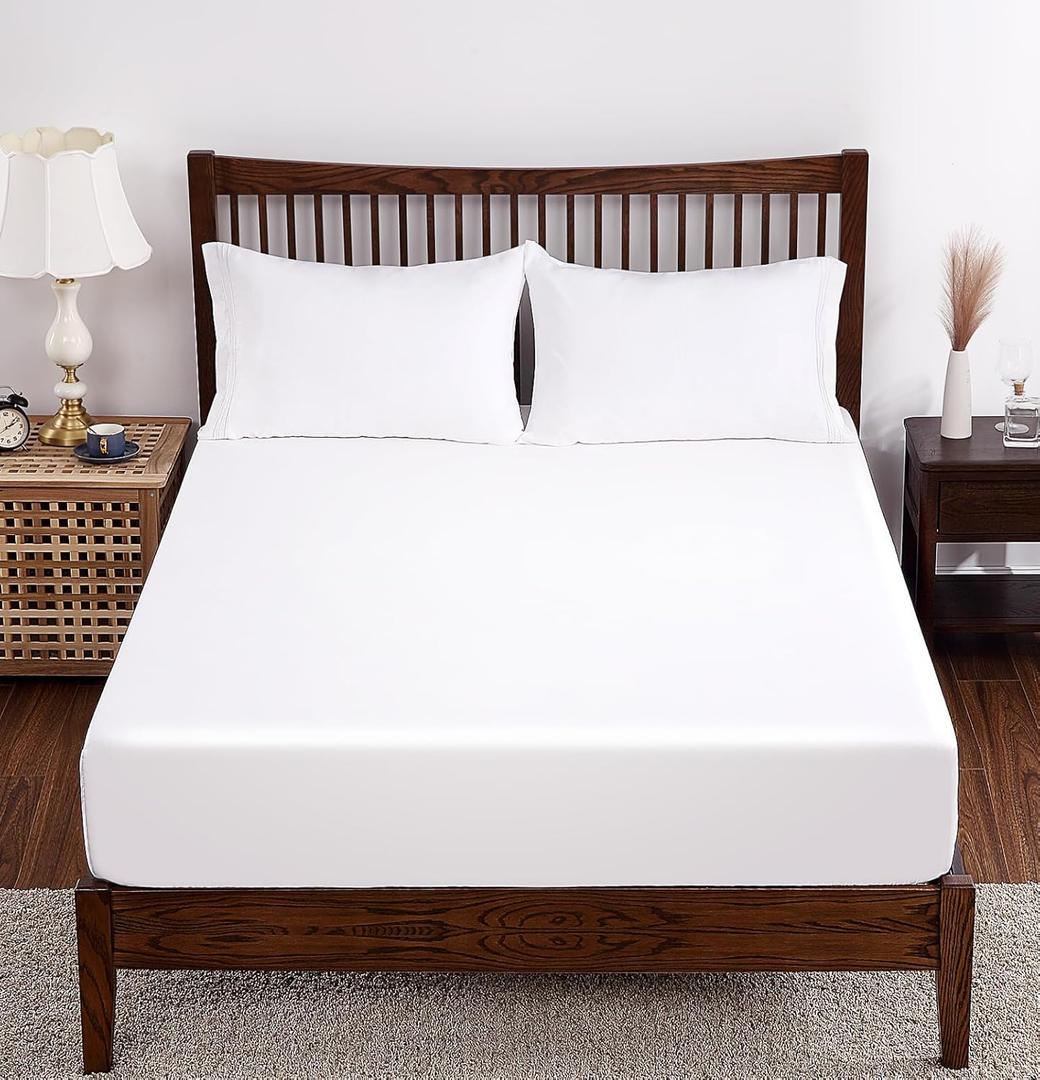 Bamboo Viscose Fitted Sheet King Size Only, 400 Thread Count, 8-16" Deep Pocket, Cooling Breathable Silky Smooth Soft Bottom Sheet for Hot Sleeper (White, King)