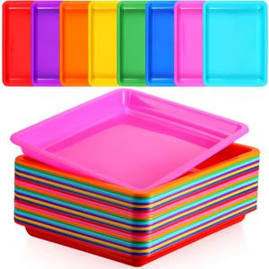 Maitys 24 Pcs Plastic Art Trays 11 x 8.7 x 1 Inch Activity Craft Tray Organizer Serving Tray Stackable Storage Sand Trays for School Painting Beads Crafts DIY Projects(Colorful)