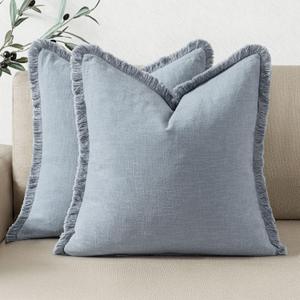Woaboy Decorative Linen Fringe Throw Pillow Covers Boho Farmhouse Soft Cushion Covers Accent Pillowcases with Tassels for Living Room Couch Sofa Bed Chair,18x18 Inch Set of 2, Coastal Blue