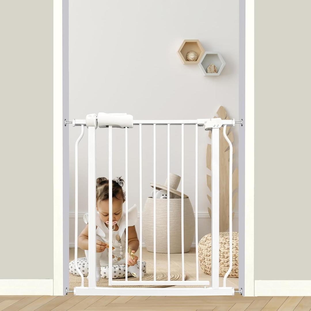 29-34 Inch Baby & Pet Gate - White Metal, Pressure Mounted, Walk Through Safety Gate for Narrow Stairs & Doorways