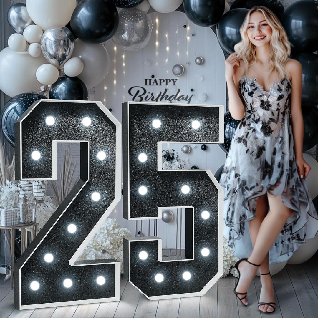 Black Marquee Numbers 4 Feet Tall: Large 25th Birthday Decorations for Her Him 4FT Light Up Numbers Anniversary Christmas Party Decor 2025 Big Graduation Backdrop Foam Cardboard Number 25