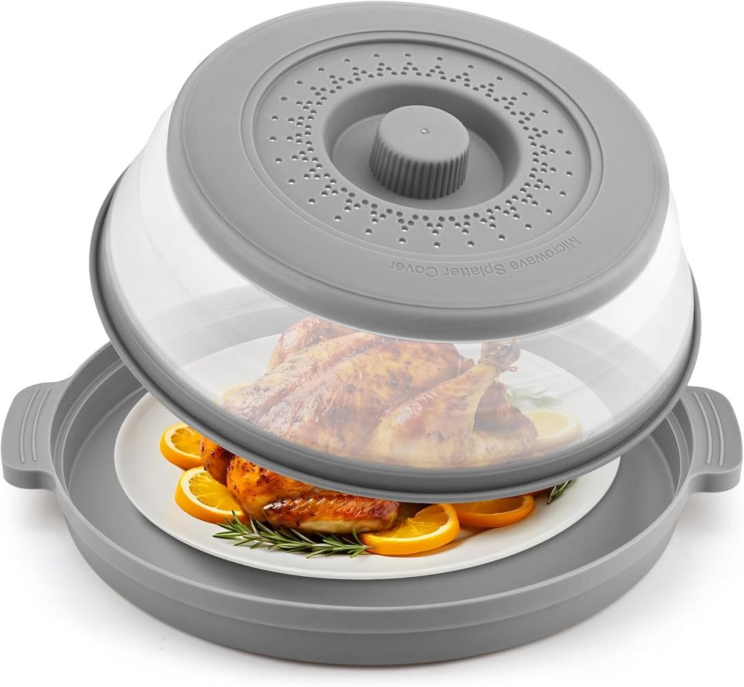 Microwave Splatter Cover for Food with Anti-scald Base Plate,Large Plastic & Silicone Vented Avoid Scalding Collapsible Guard Lid,Kitchen Essential Gadgets for Meal Prep-10.7 Inch (Gray)