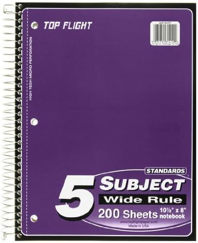 Top Flight Standards 5-Subject Wirebound Notebook, 200 Sheets, 3-Hole Punched, Wide Rule, 10.5 x 8 Inches, 1 Notebook, Color May Vary (31412)