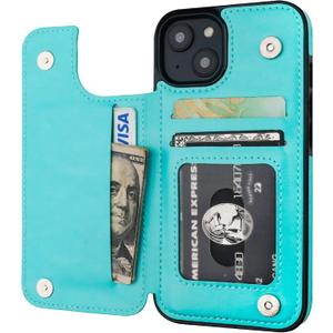 ONETOP Compatible with iPhone 14 Wallet Case with Card Holder, PU Leather Kickstand Card Slots Case, Double Magnetic Clasp and Durable Shockproof Cover 6.1 Inch (Light Blue)
