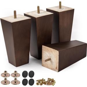 6 inch Solid Wood Furniture Legs, 4Pcs Mid-Century Modern Wooden Pyramid Replacement Feet with Threaded 5/16'' Hanger Bolts & Mounting Plate & Screws for Sofa Couch Chair Recliner