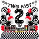 Two Fast Birthday Decor, Race Car Party Supplies Baby Boy 2nd Birthday Decorations Racing Car Party Signs Cake Toppers Foil Balloons Banner Tablecloth Decorations for Boy,Red