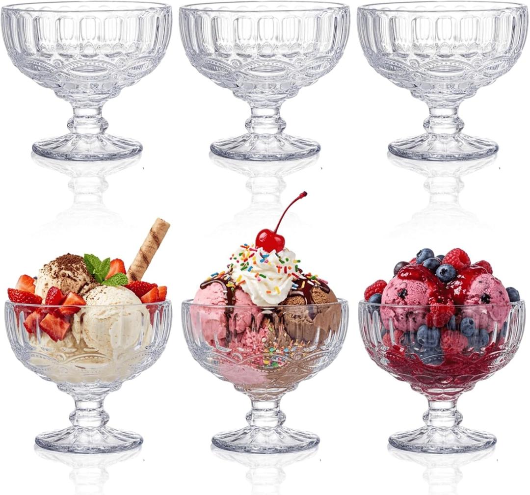 Youeon 6 Pack Vintage Embossed Glass Dessert Cups, 12oz Footed Sundae Glasses for Ice Cream, Parfait, Trifle, Fruit, Yogurt, Clear Glass Dessert Bowls for Party Serving