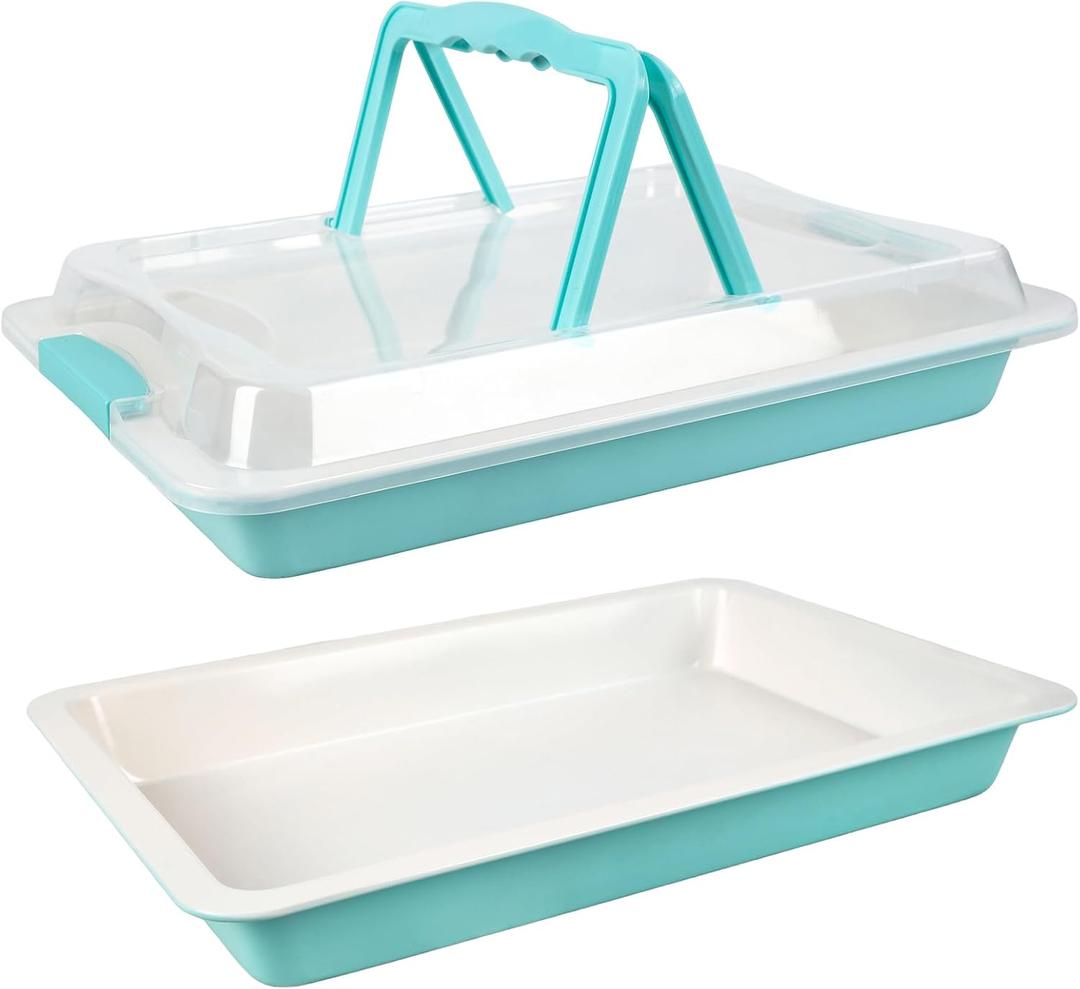 Sheet Cake Pan with Lid Set of 2, 15"10"2" Deep Jelly Roll Pan, Non-Stick Ceramic Coating Baking Pan, Oven Safe 450F, PFOA Free, Teal  Bake, Snap & Carry for Parties & Potlucks