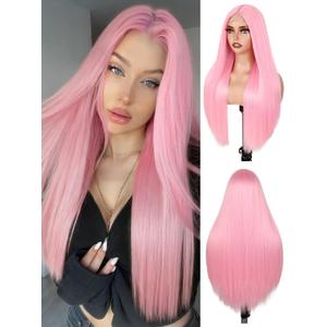 FAVE 26 Inches Pink WigSynthetic Wig for Women Heat Resistant Long Pink Wig Middle Part Light Pink Wigs Natural Looking Party Wigs for Women Colorful Wigs for Daily/Party/Cospaly
