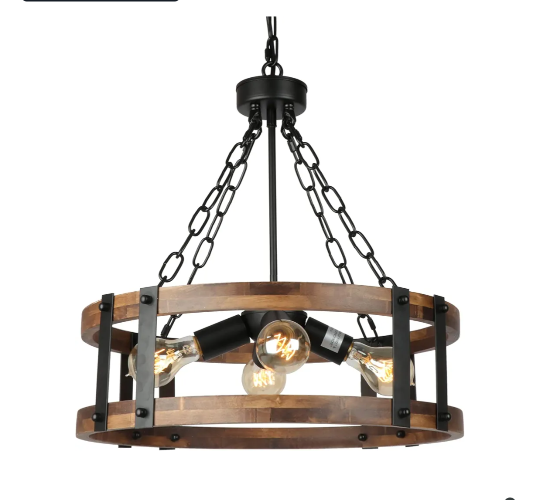 Farmhouse Rustic Wood Chandelier, 4-Light Industrial Drum Chandelier for Dining Room Vintage Pendant Hanging Light Fixture with Black Metal Accent for Kitchen Living Room Dining Area Farmhouse Rustic Wood Chandelier, 4-Light Industrial Drum Chandelier for Dining Room Vintage Pendant Hanging Light Fixture with Black Metal Accent for Kitchen Living Room Dining Area