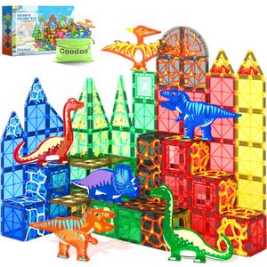 102PCS Dinosaur Toys Magnetic Tiles with 8 Dinosaurs - Jurassic Scenes Dinosaur World Adventure Set, Magnetic Blocks Kids Toys for Boys & Girls Ages 3+, Sensory Toddler Creative Kids Games Gifts