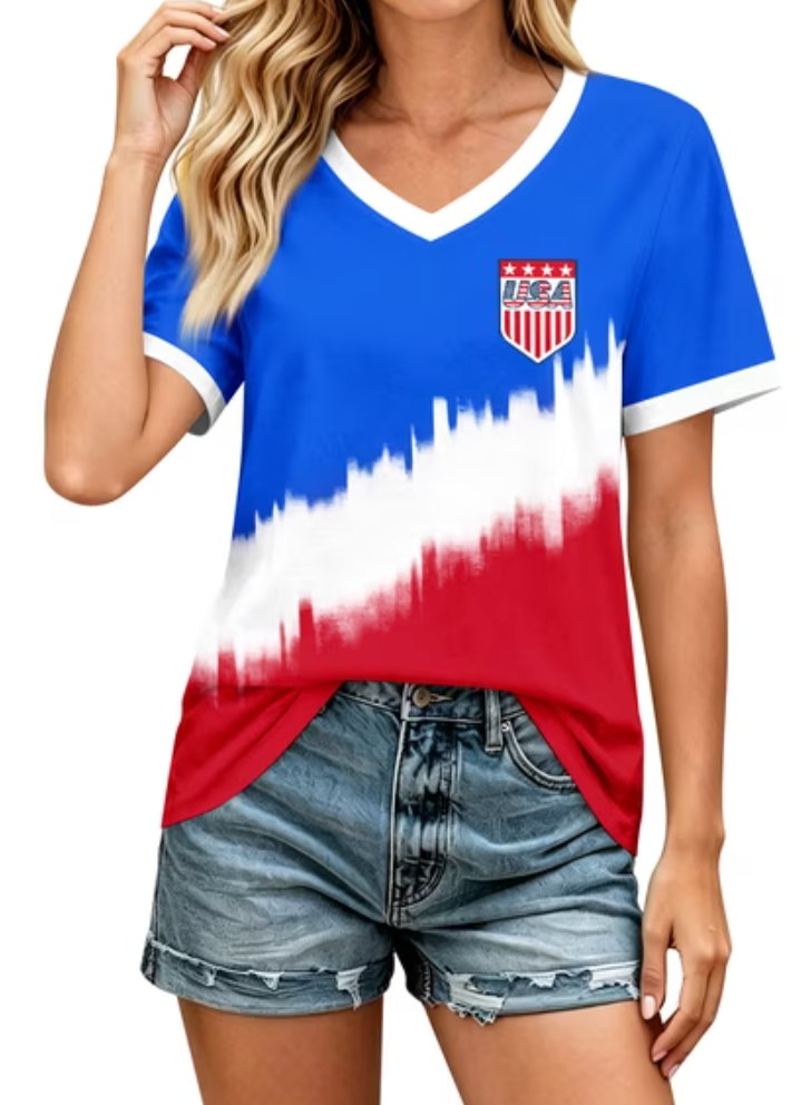 Women's 2026 Soccer Match Day Cup Short Sleeve American Flag Patriotic Top T-Shirt Red White Blue USA A3, Small