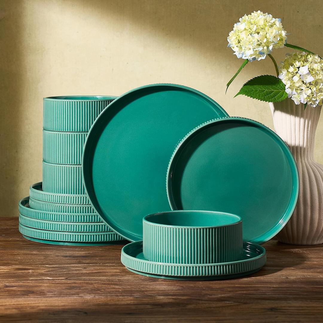 Famiware Ceramic Plates and Bowls Set, Dinnerware Sets, Ribbed Dishes for 4