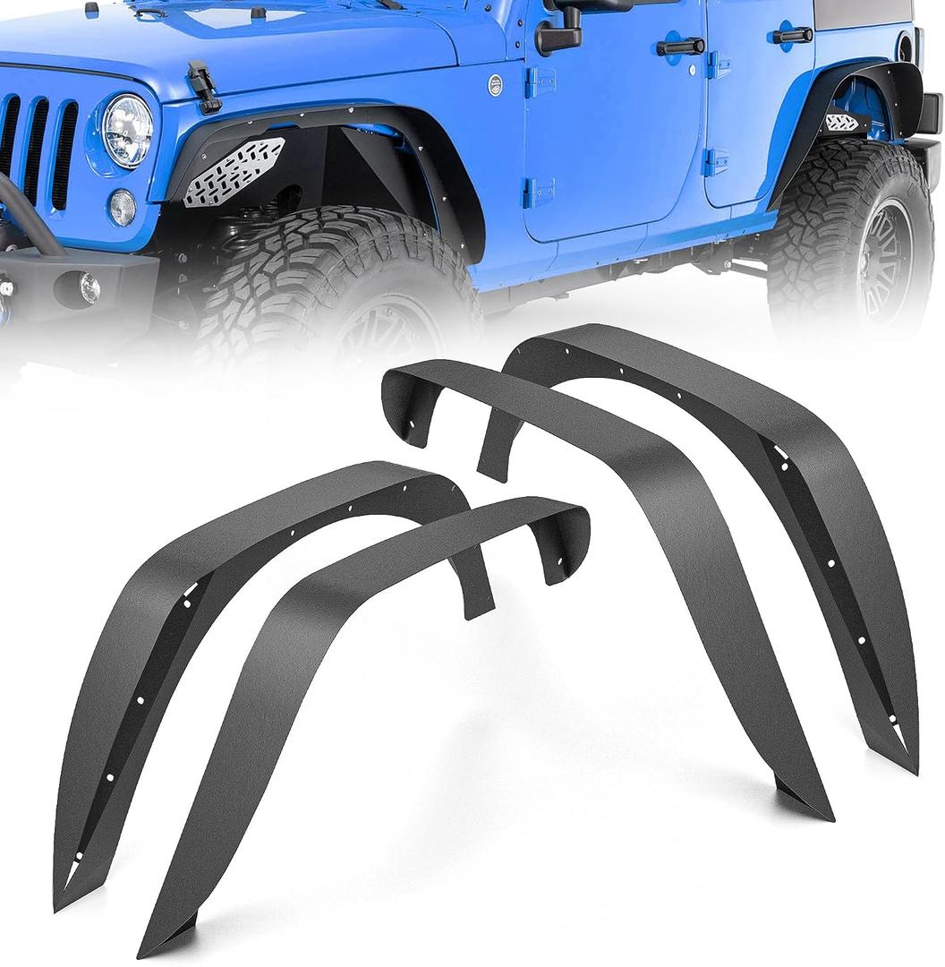 for JK Flat Style Front and Rear Fender Flares 4-Piece Combo Compatible with 2007-2018 Jeep Wrangler JK JKU Unlimited Heavy Duty Steel Off-Road Wheel Fenders Kit, Textured Black (2/4 Doors)