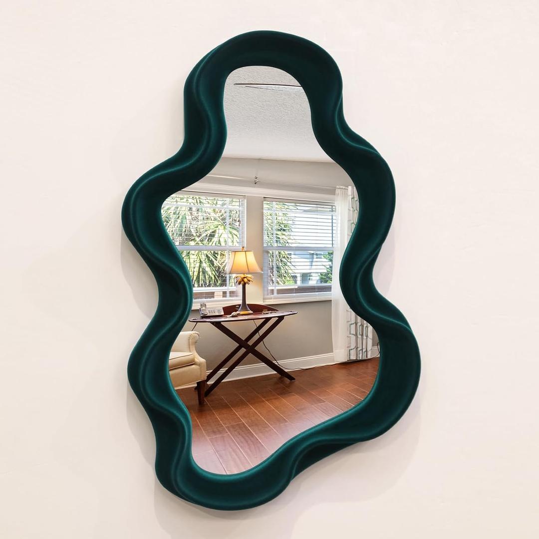 Emerald Green Wavy Wall Mirror Decor for Hallway Entryway, Irregular Cloud-Shaped Small Decorative Mirrors for Home Office Living Room, Modern Hanging Wall Art for Christmas Wedding Gift (16x10")