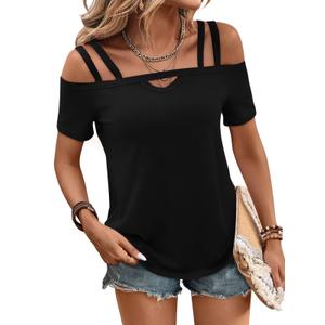 Bliwov Womens Cold Shoulder Tops Short Sleeve Cute Sexy Summer Spring Beach Vacation T Shirts Fashion Outfits Basic Clothes,
L