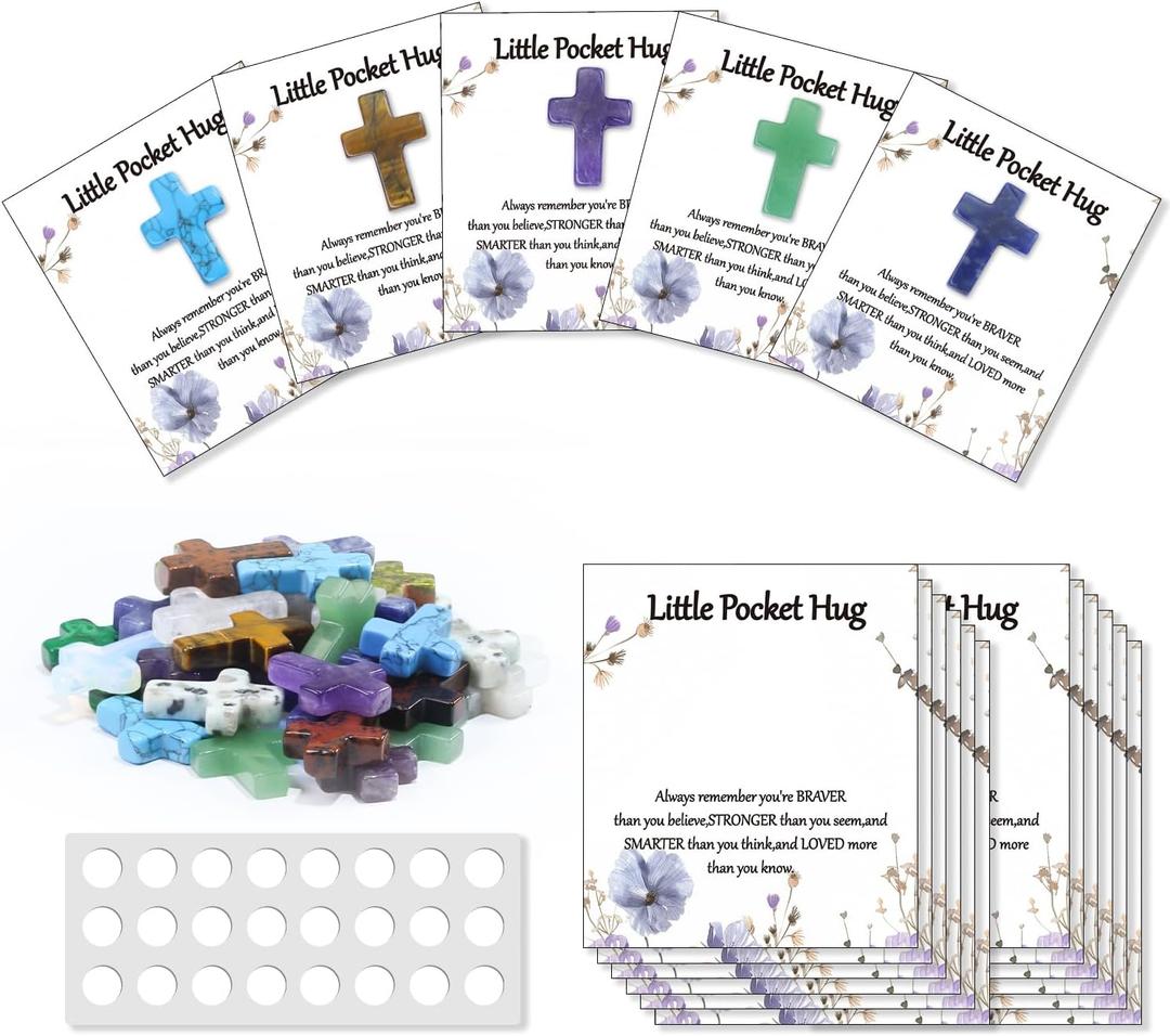 40 Sets Bulk Little Cross Worry Stones Pocket Hug Token Gift Card for Friends Funeral Favors Encouragement Gifts for Women Adults Party Favors