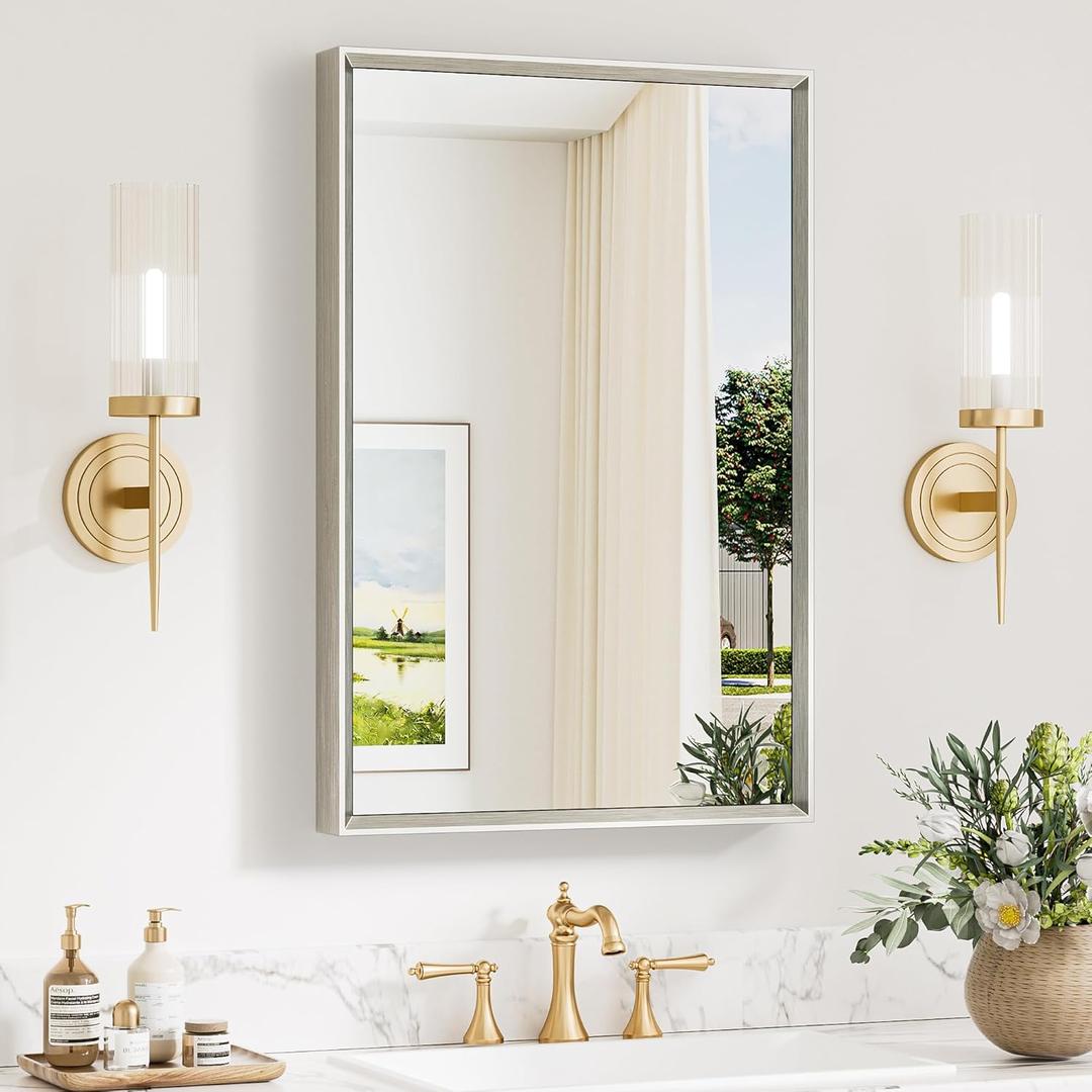 Keonjinn 20 x 30 Inch Brushed Nickel Bathroom Mirrors for Over Sink, Beveled Rectangle Framed Mirrors for Wall, Farmhouse Bathroom Vanity Mirror, Tempered Glass, Square Corner
