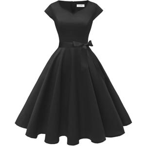 Kingfancy Women Vintage 1950s Dress Retro Cocktail Party Swing Dresses with Cap Sleeves (Black, L)