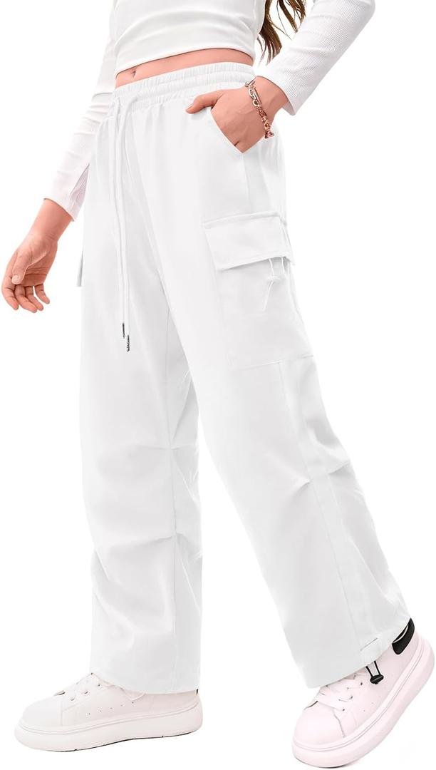 Girls Y2K Baggy Cargo Pants Adjustable Cuffs Parachute Joggers with Pockets for School Sport Street Dance, 10 Years, Pure White