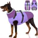 SUNFURA Dog Coat, Dog Jacket for Large Dogs with Harness Built in, Warm Pet Winter Coat Zip Up Snow Jacket with Furry Collar for Boston Terrier, French Bulldogs, Purple L