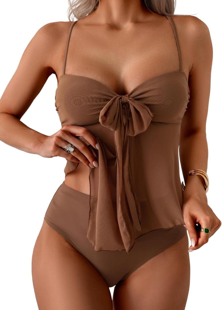 B2prity Womens Mesh Tankini Swimsuits Flowy Two Piece Bathing Suit V Neck Tie Knot Swim Top with High Waisted Bottom (XX-Large, Brown)