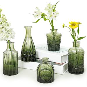 Glass Bud Vase Set of 5, Green Small Flower Vases for Centerpieces in Bulk, Mini Vintage Vase for Rustic Wedding, Home,Table Decoration