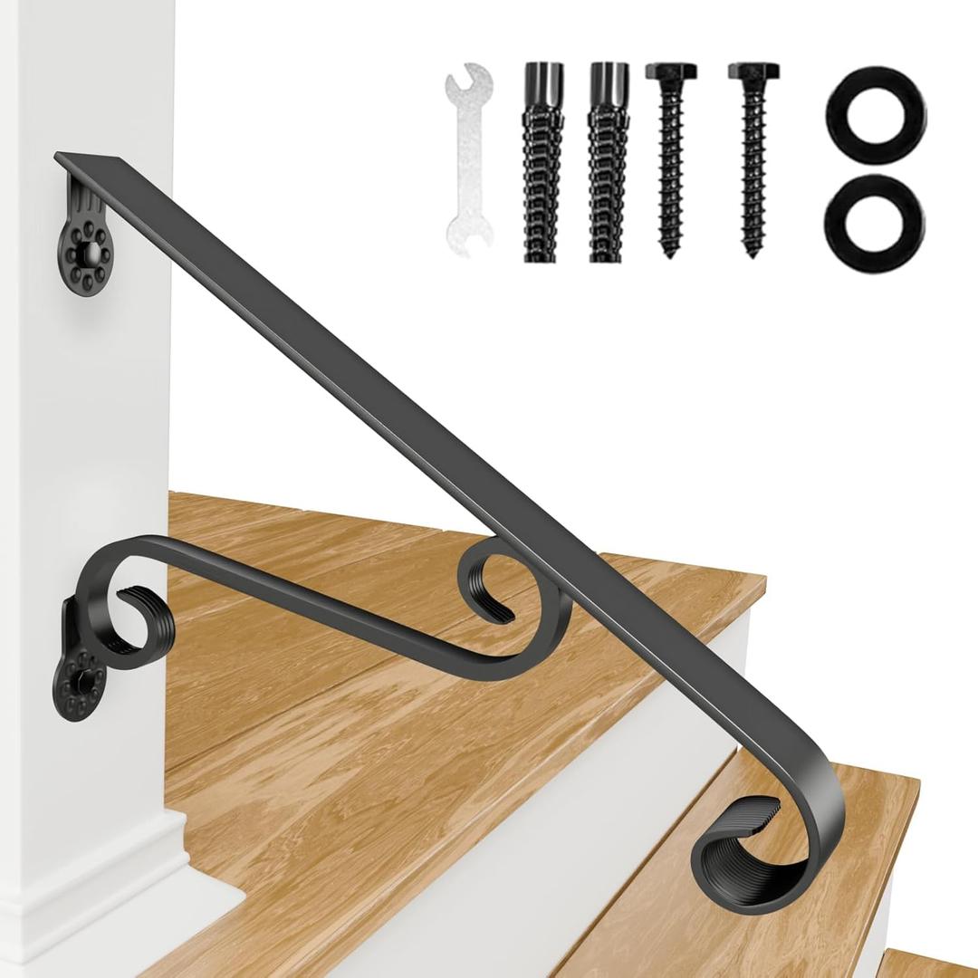 Wall Mounted Stair Handrails, 1-2 Steps Wrought Iron Hand Railing, Grab Rail Single Post Handrail for Outdoor Porch Steps, Black