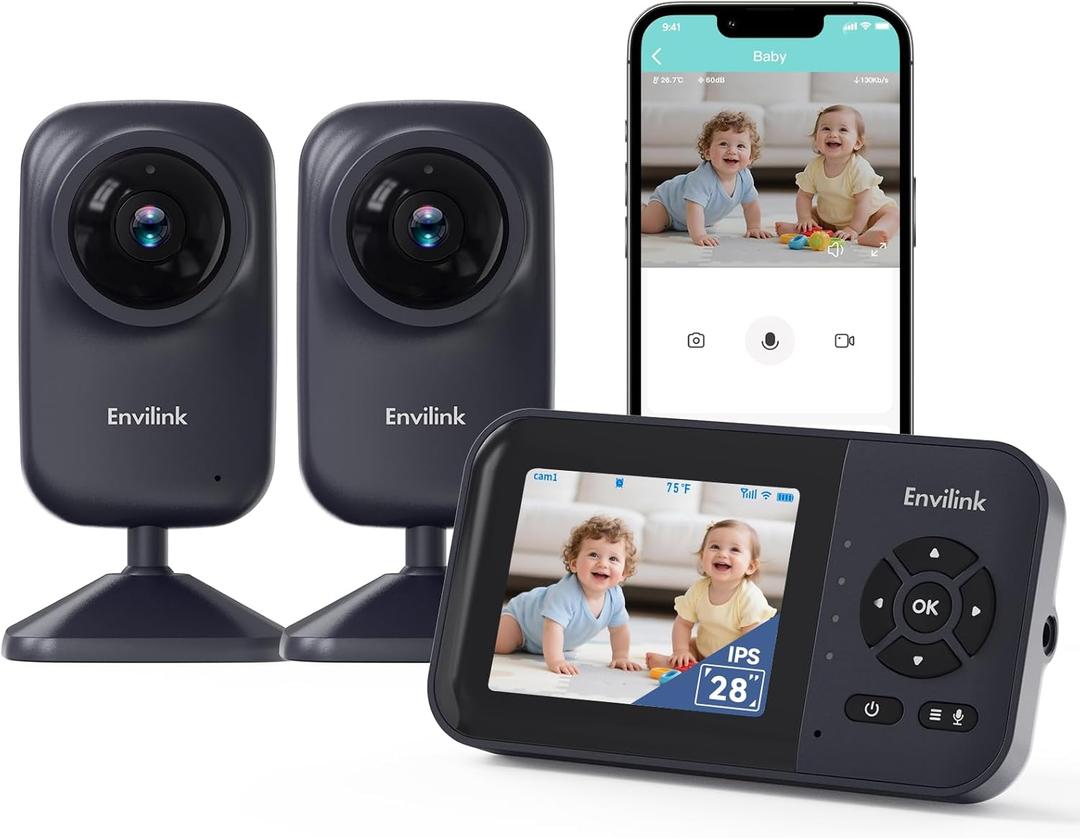 Video Baby Monitor with 2 Cameras, App Connectivity, 1200ft Range, Vox Mode, 2-Way Talk, Night Vision, Temperature Detection, Lullabies, Sound Detection, 2.8" IPS Screen