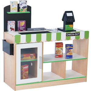 Teamson Kids Cashier Austin Interactive Wooden Play Market Stand with Lights and Sounds, Manual Conveyor Belt, Register and Display Spaces, Green and White Dcor on Natural Wood